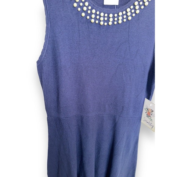 1940s Navy High Waist Retro Pearl Sleeveless Womens XL Sweater Dress - Picture 10 of 15